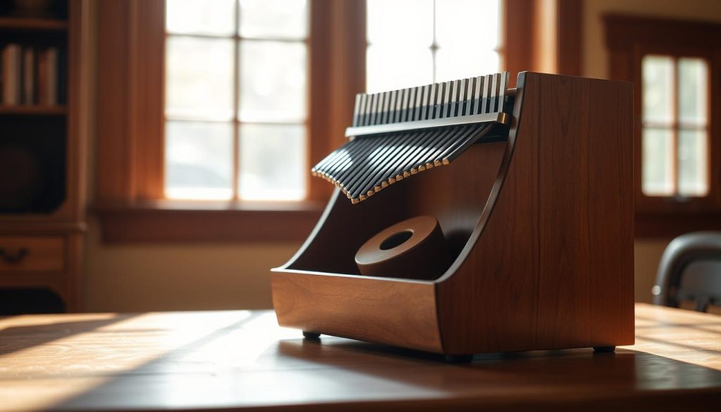 A resonance box made of finely grained wood, its smooth surface polished to a satin sheen. Positioned on a wooden table, the box is backlit by warm natural light filtering through a large window, casting gentle shadows that accentuate its graceful curves. The interior of the box is visible, revealing the intricate network of braces and sound holes that amplify the delicate tones of a small kalimba instrument resting within. The scene conveys a sense of craftsmanship, attention to detail, and the inherent musicality of this humble yet essential component of the kalimba.