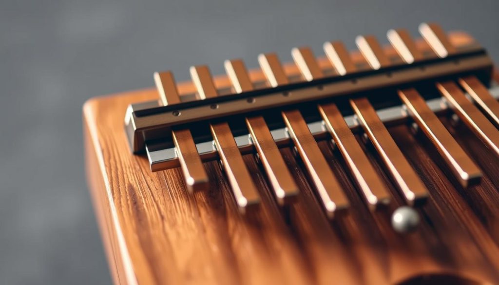 A close-up image of a kalimba, an African mbira-like musical instrument, with 8 metallic tines or lames arranged in a neat, symmetrical pattern. The lames are finely crafted, reflecting warm, golden tones under soft, diffused lighting, creating a serene, almost meditative atmosphere. The kalimba is positioned against a subtly blurred, muted background, allowing the focal point to be the delicate, precisely tuned lames. The overall composition conveys a sense of harmony, simplicity, and the tactile pleasure of playing this traditional instrument.