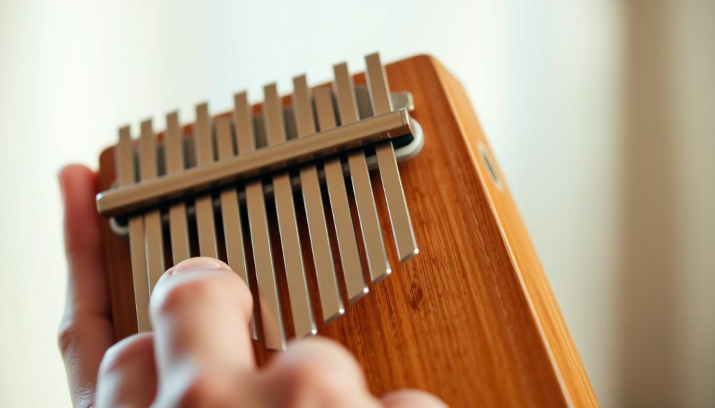 A close-up shot of a beginner's kalimba, featuring the thumbs delicately playing the metal tines. The instrument is held in a natural, relaxed grip, with the fingers gently pressing the tines to produce a mellow, soothing sound. The kalimba is positioned against a softly blurred background, creating a sense of focus and intimacy. The lighting is warm and diffused, highlighting the organic textures of the wood and the metallic gleam of the tines. The overall mood is one of simplicity, tranquility, and the joy of discovering a new musical instrument.