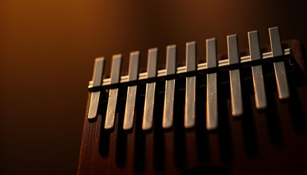 A close-up shot of a kalimba with 17 lames, its distinctive metallic tines glistening under warm, directional lighting. The instrument is positioned against a softly blurred, moody backdrop, creating a sense of depth and focus on the intricate details of the kalimba's design. The tines are precisely arranged, each one casting a subtle shadow, hinting at the harmonious notes they are capable of producing. The overall composition conveys a sense of contemplative elegance, inviting the viewer to imagine the soothing, resonant tones that could emerge from this captivating musical tool.