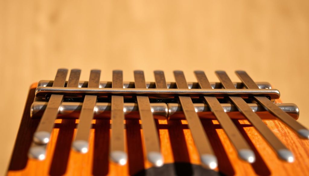 A close-up view of a kalimba, a traditional African thumb piano, with 17 carefully tuned metal tines or "lames" arranged in a precise, symmetrical layout. The instrument is positioned against a soft, blurred background, allowing the lames to be the focal point. The lighting is warm and natural, casting gentle shadows that accentuate the contours and metallic sheen of the tines. The overall composition conveys a sense of balance, harmony, and the meticulous attention required to properly prepare and tune this delicate musical tool.