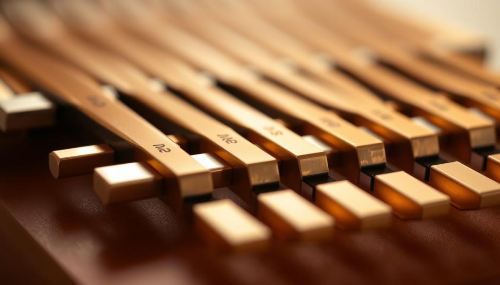 A close-up view of several lames, the metal bars that produce sound in a kalimba. The lames are depicted in warm, golden tones, their surfaces reflecting the soft, diffused lighting that bathes them. The lames are shown at an angle, with a shallow depth of field to gently blur the background and draw the viewer's attention to the intricate details of the instrument's construction. The overall mood is one of contemplation and appreciation for the craftsmanship and simplicity of this traditional African musical instrument.