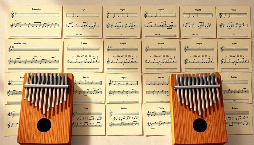 A detailed, high-resolution illustration of sheet music partitions for a kalimba instrument, arranged in a neatly organized grid layout. The partitions are rendered in a warm, earthy color palette with crisp, clean lines and soft shadows, conveying a sense of clarity and focus. The background features a subtle, blurred texture that suggests the material of the paper or parchment, creating a cohesive and visually appealing composition. The lighting is soft and natural, with gentle highlights that accentuate the intricate details of the musical notations. The overall mood is one of scholarly interest and practical utility, perfectly suited to accompany a tutorial on learning the kalimba.