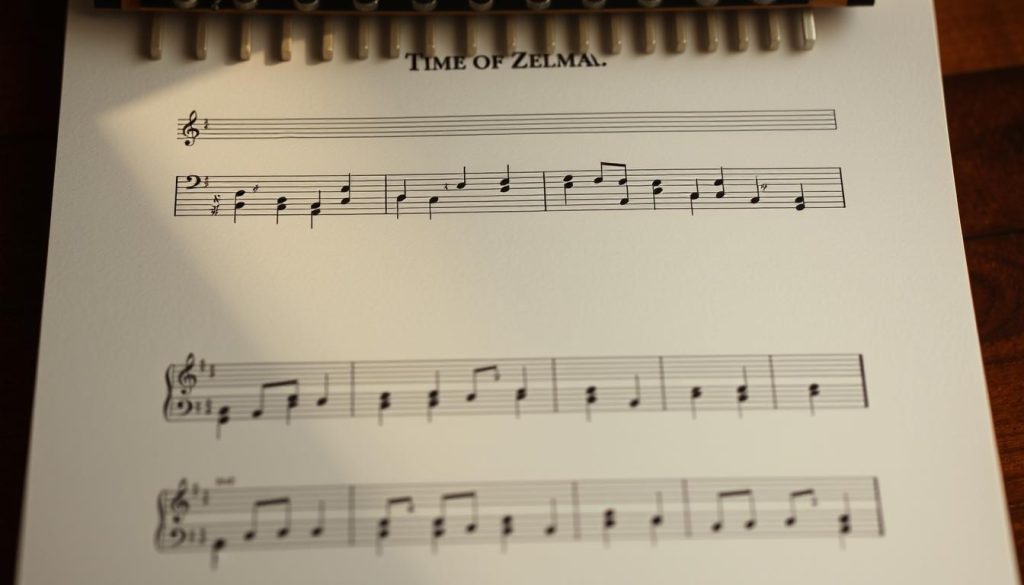 A detailed sheet music score for a kalimba, with the theme from The Legend of Zelda franchise prominently displayed. The score is illuminated by a warm, diffused light, casting soft shadows across the paper. The notes are written in a clean, elegant musical notation, with the tablature for the kalimba strings below. The composition is centered on the page, with ample negative space around the edges, creating a sense of focus and balance. The overall mood is one of contemplation and reverence, befitting the iconic Zelda theme.
