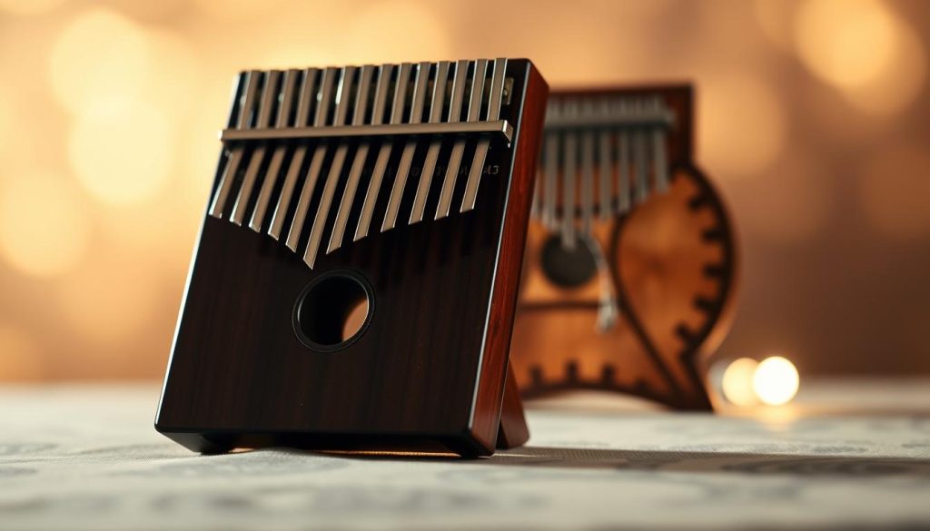 A high-quality, detailed image of two kalimba instruments, one with 8 tines and one with 17 tines, presented against a soft, warm-toned background that evokes the magical world of Harry Potter. The 8-tine kalimba is positioned in the foreground, its glossy, polished wooden frame and metal tines catching the gentle, diffused lighting. The 17-tine kalimba is situated in the middle ground, its intricate design and additional tines suggesting a more complex and versatile instrument. The background features a muted, bokeh-like effect, hinting at the fantastical setting of the Harry Potter saga. The overall composition and lighting create a sense of elegance, sophistication, and the enchanting atmosphere of the wizarding world.