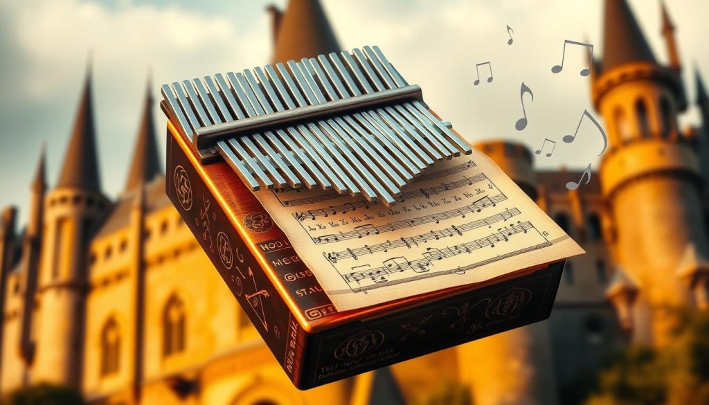A magical kalimba floats against a backdrop of Hogwarts castle, its metallic tines glimmering in the warm, golden light. The instrument's keys are emblazoned with intricate runes and symbols, hinting at the enchanted melodies it can produce. Meticulously crafted sheet music hovers nearby, the notes dancing across the parchment as if guided by an invisible conductor. The overall scene exudes a sense of wonder and musical mysticism, perfectly capturing the essence of "Harry Potter au kalimba: partitions et astuces".
