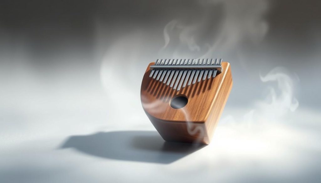 A serene and ethereal scene of a kalimba, the gentle African mbira instrument, illuminated by soft, diffused lighting. The kalimba's wooden body and metal tines are rendered with exquisite detail, casting delicate shadows across a muted, dreamlike background. The instrument appears to be floating, as if suspended in a tranquil, otherworldly space, evoking the tranquil and meditative qualities of the "Let It Go" melody from Disney's Frozen. Wisps of mist or vapor swirl around the kalimba, adding to the sense of weightlessness and calm. The overall composition and palette suggest a sense of introspection and emotional release, perfectly capturing the essence of the "Frozen — Let It Go" section of the article.
