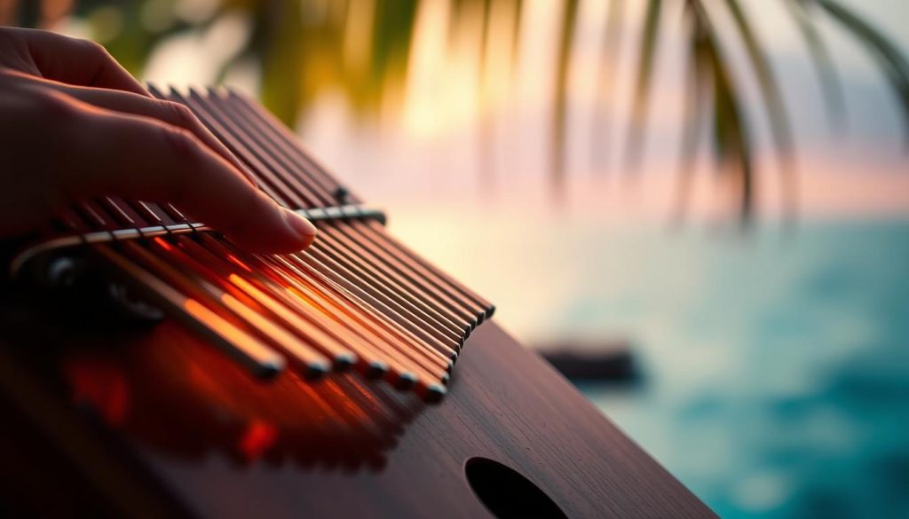 A serene, close-up shot of a kalimba instrument, the wooden bars glowing with warm, soft lighting. The kalimba's fingers, delicately plucked, produce the hauntingly beautiful melodies of "How Far I'll Go" from the Disney film Moana. The kalimba is positioned in the foreground, while a blurred, dreamlike background evokes the tropical setting of the movie, with hints of lush foliage and a calming ocean horizon. The overall mood is contemplative, introspective, and imbued with a sense of wonder and adventure.