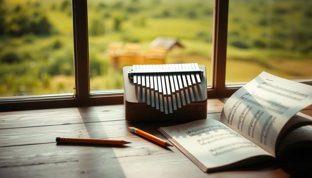 A serene, minimalist study area with a wooden desk, a Kalimba instrument, and a notebook open to sheet music. Soft natural lighting filters in through a large window, casting a warm glow over the scene. The background features a blurred, green landscape, suggesting a peaceful, rural setting. The Kalimba takes center stage, its metallic tines and wooden body reflecting the light. A pencil rests next to the open notebook, hinting at the focus and dedication required for the "15 minutes per day" training regimen. The overall composition conveys a sense of simplicity, tranquility, and a journey of musical exploration.