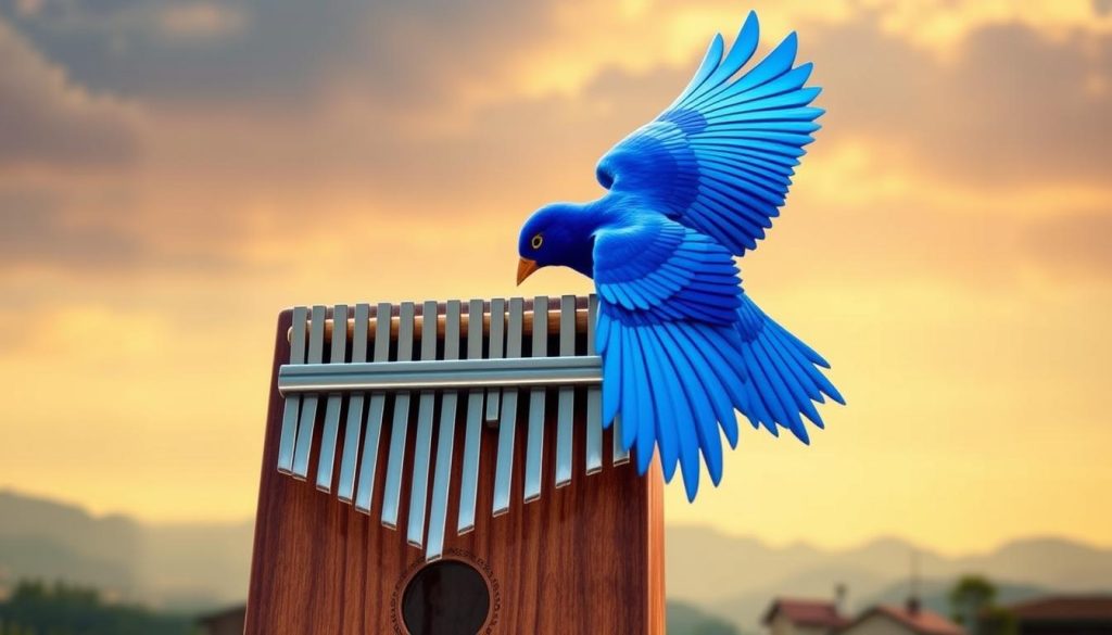 A vibrant blue bird, inspired by the character Sasuke Uchiha from the anime Naruto Shippuden, perches gracefully on a kalimba. The bird's wings are outstretched, capturing a sense of movement and energy. The kalimba, a 21-note hand-held musical instrument, is the focal point, its wooden body and metal tines gleaming in the soft, warm lighting. The background is a tranquil, blurred landscape, with subtle hints of the Naruto universe, such as a distant mountain range or a glimpse of a village. The overall composition evokes a serene, yet dynamic atmosphere, perfectly suited to illustrate the section on playing the "Blue Bird" theme from Naruto Shippuden on the kalimba.