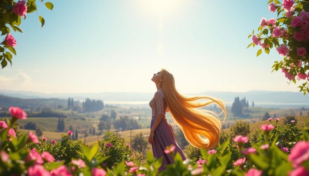 A vibrant, sun-drenched scene of a young woman, Rapunzel, standing in the center of a serene garden. The foreground features lush, verdant foliage and blooming flowers, their petals gently swaying in a warm breeze. In the middle ground, Rapunzel gazes upwards, her long, golden hair flowing around her, as she contemplates the vast, cloudless sky above. The background is a panoramic view of rolling hills, dotted with towering trees and a distant, shimmering horizon. Soft, warm lighting bathes the entire scene, imbuing it with a sense of wonder, hope, and the dawning of a new chapter in Rapunzel's life.