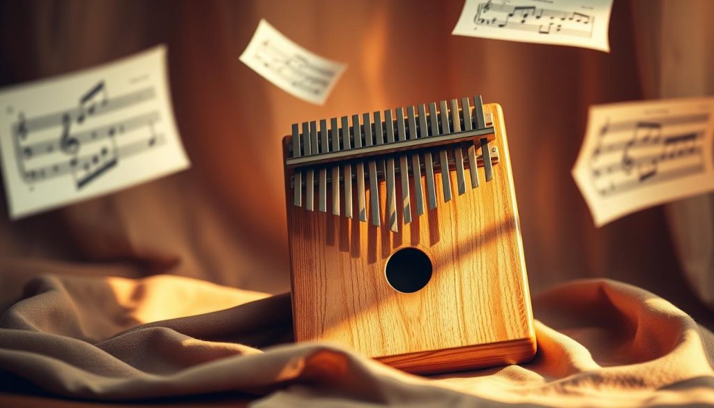 Elegant kalimba notes floating against a warm, natural background. A wooden kalimba instrument sits center stage, its keys and tines cast in soft, golden light. Delicate sheet music sheets drift and flutter around the kalimba, their intricate musical notations barely visible. The atmosphere is serene and contemplative, inviting the viewer to engage with the tranquil, meditative essence of the kalimba's haunting tones. Subtle textures of weathered wood and soft fabric add depth and dimension to the scene. The overall impression is one of refined simplicity and musical harmony.