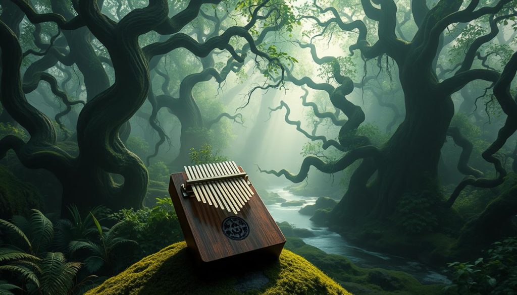 Lush, ethereal forest of the Lost Woods, shrouded in a mystical haze. Twisted, ancient trees reach skyward, their branches intertwining to form a verdant canopy that filters the gentle sunlight. A serene, meandering stream cuts through the undergrowth, its soothing melodies blending with the gentle rustling of leaves. In the foreground, a kalimba rests on a mossy rock, its wooden tines gleaming, ready to evoke the haunting, melancholic tones of Saria's Song. The overall atmosphere is one of tranquility and enchantment, inviting the viewer to get lost in the captivating melodies of this iconic Zelda landscape.