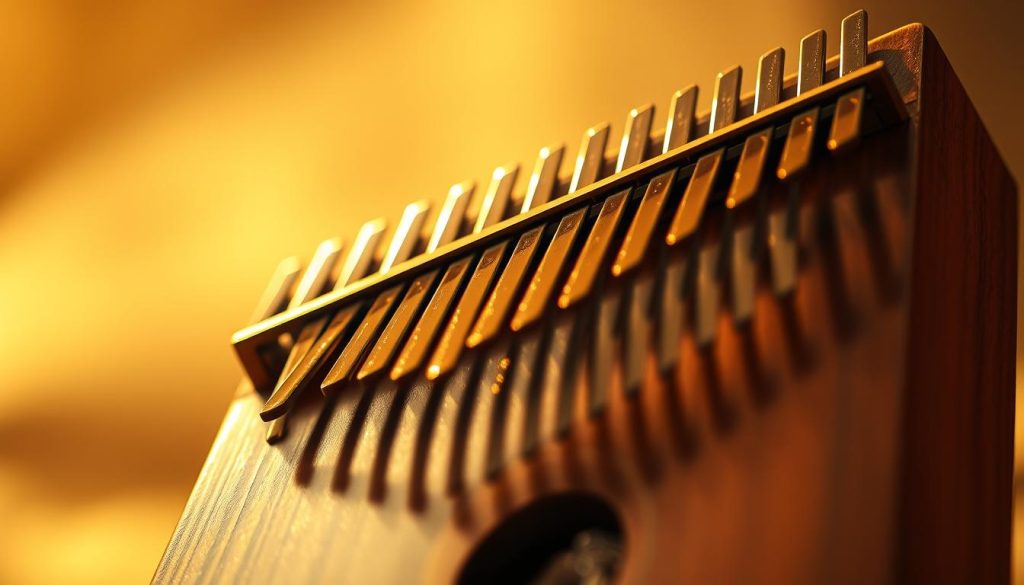 A captivating hallelujah composition, the kalimba's soothing notes dancing amidst a serene soundscape. In the foreground, the instrument's wooden frame and metal tines glisten under warm, golden lighting, inviting the viewer to hear its enchanting melody. The middle ground features a soft, blurred background, allowing the kalimba to take center stage and convey the spiritual, tranquil essence of the "Hallelujah" hymn. Subtle, atmospheric lighting enhances the image's contemplative mood, casting gentle shadows and highlights that accentuate the kalimba's organic form. The overall composition evokes a sense of reverence and inspiration, perfectly suited to illustrate the history and significance of this beloved musical piece.