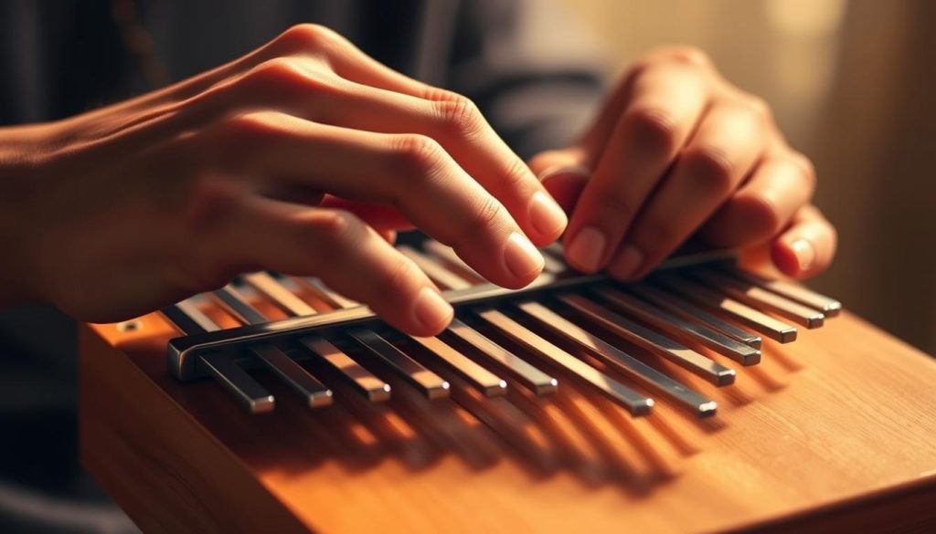A close-up of a musician's hands gracefully gliding across the tines of a kalimba, their fingers effortlessly executing a smooth, flowing glissando. The instrument is positioned in the middle ground, its warm, wooden tones and organic shapes contrasted by a softly blurred, dreamlike background. Warm, diffused lighting caresses the scene, casting subtle shadows and highlights that accentuate the fluid motion of the performance. The overall mood is one of tranquility and artistry, inviting the viewer to experience the soothing, hypnotic nature of the kalimba's distinctive sound.