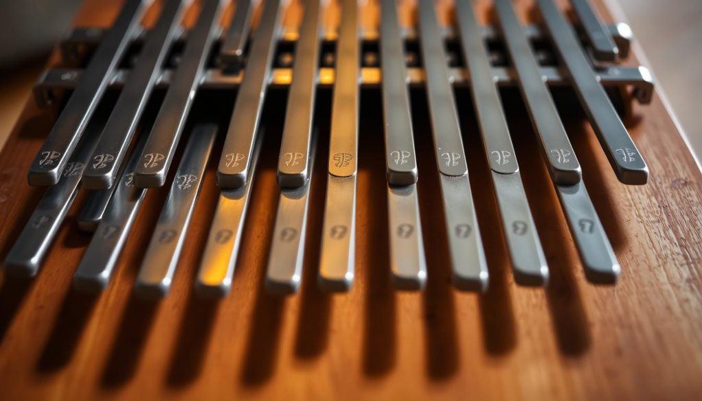 A close-up view of a kalimba, its partitions laid out and illuminated by soft, natural lighting. The instrument's metal tines are meticulously detailed, reflecting the intricate patterns etched into their surfaces. The background is blurred, placing the focus squarely on the partitions, which are presented in a clean, organized manner to aid in understanding their structure and layout. The overall composition conveys a sense of clarity and simplicity, encouraging the viewer to study the partitions and appreciate the kalimba's unique design.