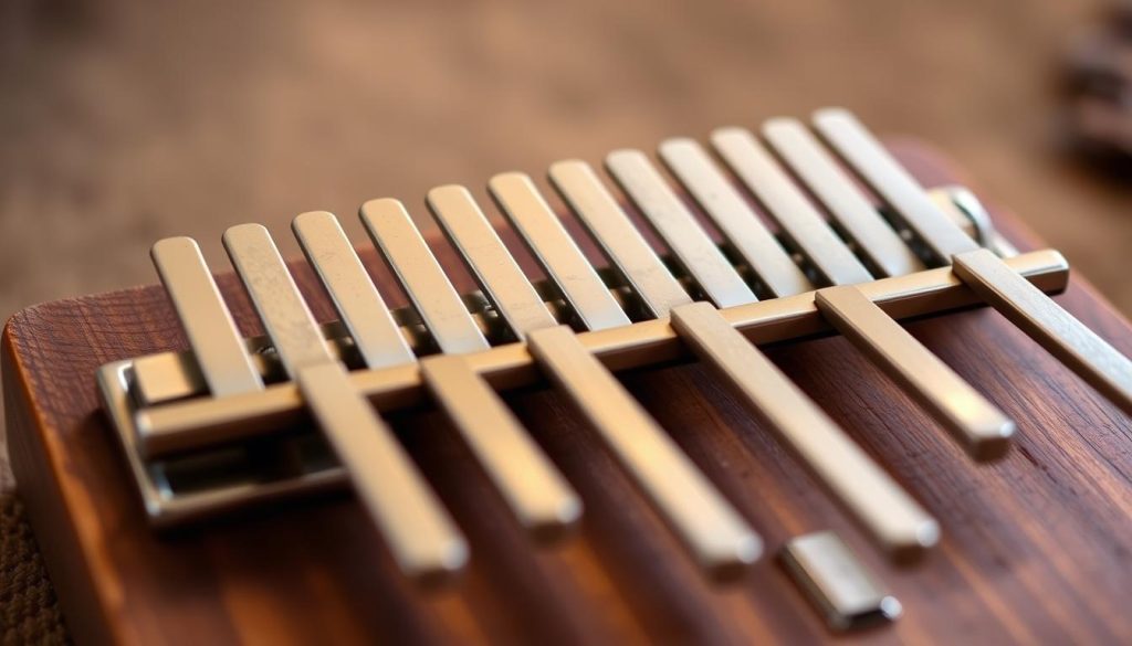 A close-up view of simplified tablature notation for a kalimba, or thumb piano, with the 17 metal tines clearly visible. The tablature is presented against a muted, earthy background, with soft, warm lighting illuminating the delicate tines and crisp, minimalist notation. The overall composition conveys a sense of focus, clarity, and the tactile, meditative experience of playing this ancient African instrument. The image should effectively illustrate the section on reading simplified kalimba tablature in the article.