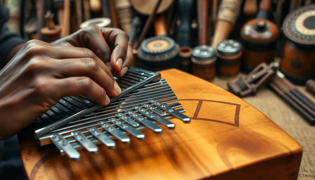 A detailed close-up view of a handcrafted kalimba instrument, showcasing the intricate fabrication process. In the foreground, an artisan's skilled hands carefully shaping and tuning the metallic tines, each one individually adjusted to produce a unique resonant tone. The middle ground reveals the wooden soundbox, its carefully carved and sanded surface, with the natural grain patterns visible. In the background, an array of traditional African musical instruments, providing context to the kalimba's cultural origins and heritage. The lighting is soft and warm, highlighting the instrument's elegant curves and the artisan's meticulous craftsmanship. The overall mood is one of reverence and appreciation for the centuries-old tradition of kalimba making. A detailed close-up view of a handcrafted kalimba instrument, showcasing the intricate fabrication process. In the foreground, an artisan's skilled hands carefully shaping and tuning the metallic tines, each one individually adjusted to produce a unique resonant tone. The middle ground reveals the wooden soundbox, its carefully carved and sanded surface, with the natural grain patterns visible. In the background, an array of traditional African musical instruments, providing context to the kalimba's cultural origins and heritage. The lighting is soft and warm, highlighting the instrument's elegant curves and the artisan's meticulous craftsmanship. The overall mood is one of reverence and appreciation for the centuries-old tradition of kalimba making.