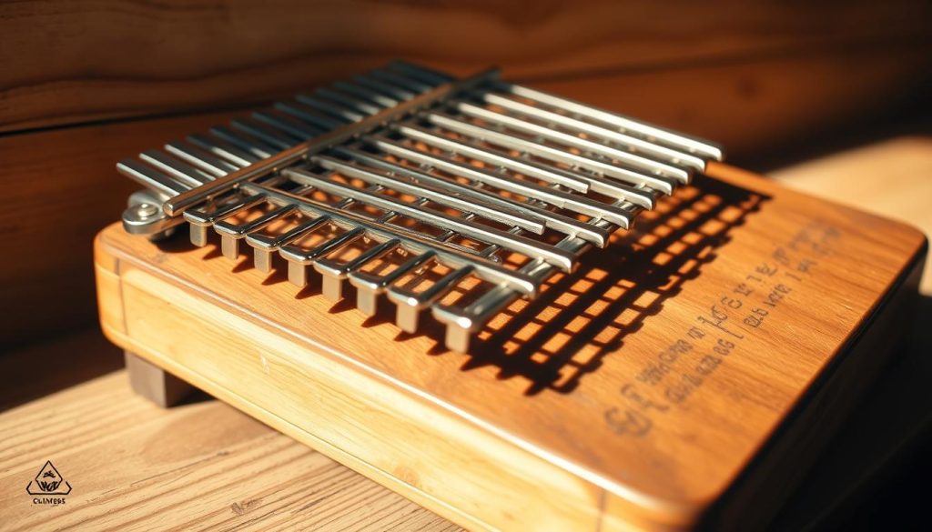 A detailed kalimba musical instrument, its wooden and bamboo origins meticulously captured. The kalimba rests on a wooden surface, its polished metal tines gleaming in warm, natural lighting. The instrument is framed by a simple, rustic background, hinting at its traditional African heritage. The composition emphasizes the kalimba's raw, handcrafted beauty, inviting the viewer to appreciate its timeless, organic design. Soft shadows and a slightly vintage aesthetic evoke a sense of timelessness, as if this kalimba could have been crafted centuries ago. The overall mood is one of reverence and contemplation, befitting the instrument's cultural significance. A detailed kalimba musical instrument, its wooden and bamboo origins meticulously captured. The kalimba rests on a wooden surface, its polished metal tines gleaming in warm, natural lighting. The instrument is framed by a simple, rustic background, hinting at its traditional African heritage. The composition emphasizes the kalimba's raw, handcrafted beauty, inviting the viewer to appreciate its timeless, organic design. Soft shadows and a slightly vintage aesthetic evoke a sense of timelessness, as if this kalimba could have been crafted centuries ago. The overall mood is one of reverence and contemplation, befitting the instrument's cultural significance.