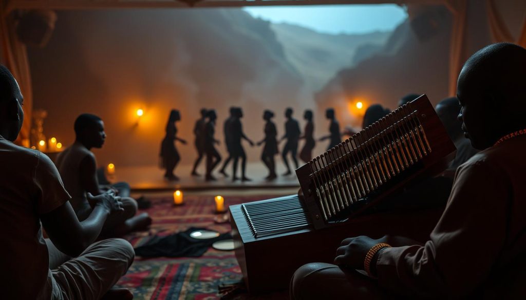 A dimly lit ceremonial space, the air thick with the scent of incense. In the foreground, a group of musicians sit cross-legged, their hands caressing the intricate wooden mbira, its metallic tines resonating with a haunting, otherworldly melody. The middle ground reveals a circle of dancers, their bodies swaying in rhythmic synchronicity, lost in the trance-like state induced by the mbira's enchanting tones. The background fades into a hazy, mystical landscape, hinting at the deep-rooted spiritual and cultural significance of this ancient African instrument. Soft, warm lighting casts a reverent glow, lending an air of reverence to the scene. The overall atmosphere evokes a timeless, sacred ritual, a celebration of the mbira's enduring role in African musical heritage. A dimly lit ceremonial space, the air thick with the scent of incense. In the foreground, a group of musicians sit cross-legged, their hands caressing the intricate wooden mbira, its metallic tines resonating with a haunting, otherworldly melody. The middle ground reveals a circle of dancers, their bodies swaying in rhythmic synchronicity, lost in the trance-like state induced by the mbira's enchanting tones. The background fades into a hazy, mystical landscape, hinting at the deep-rooted spiritual and cultural significance of this ancient African instrument. Soft, warm lighting casts a reverent glow, lending an air of reverence to the scene. The overall atmosphere evokes a timeless, sacred ritual, a celebration of the mbira's enduring role in African musical heritage.