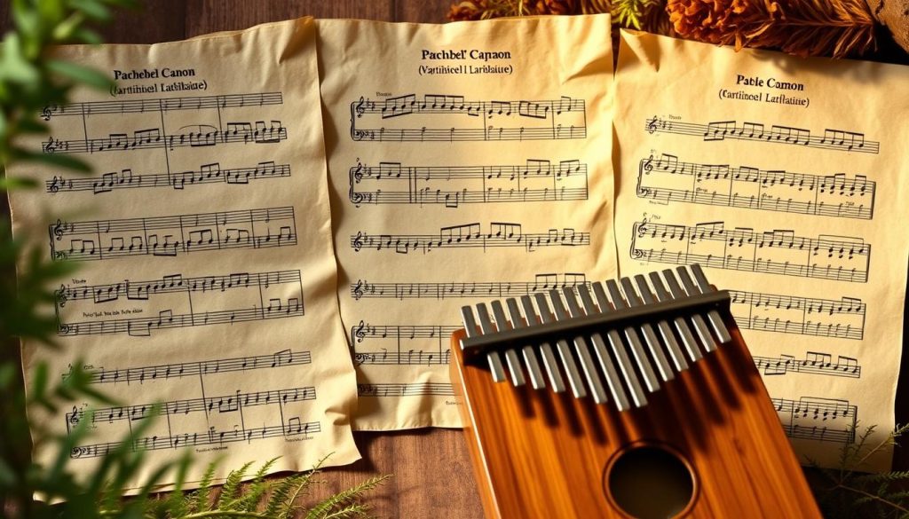 A finely detailed partition tablature suite, showcasing three levels of Pachelbel's Canon for the kalimba: beginner, intermediate, and a simplified advanced version. The tablature is displayed on aged, textured parchment, backlit by warm, diffused lighting that casts subtle shadows. The foreground features the intricate notation, while the middle ground depicts the 17-key kalimba in a natural, woody finish. The background subtly blends natural elements, such as delicate ferns and earthy tones, creating a serene, contemplative atmosphere suitable for this musical exploration.