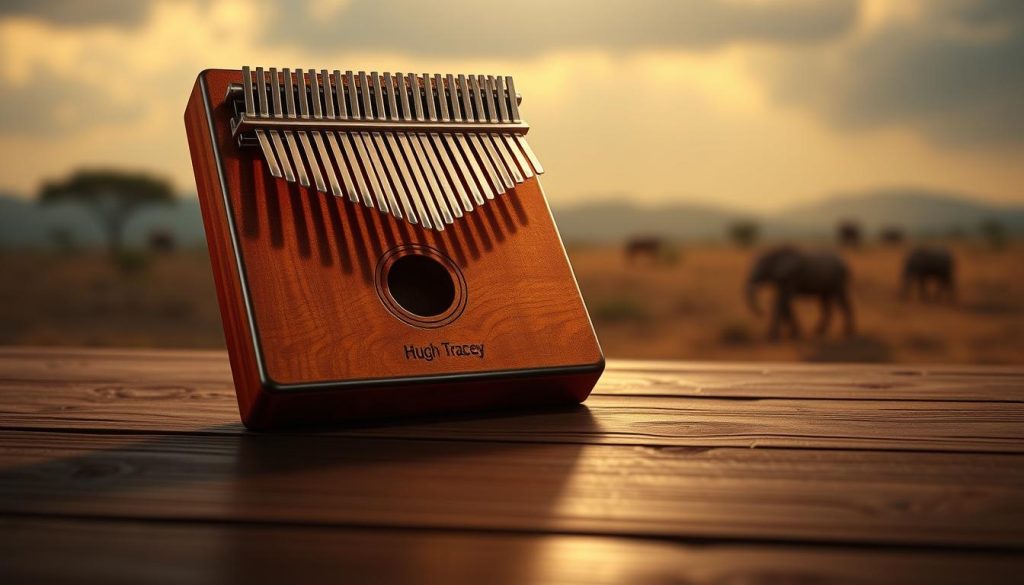A high-quality, detailed digital illustration of a vintage Hugh Tracey kalimba instrument. The kalimba is the focal point, resting on a dark wooden surface, its metal tines and beautifully carved wooden body reflecting warm, natural lighting. In the background, a blurred, moody landscape evokes the African setting where this iconic instrument was first discovered and popularized. The composition emphasizes the craftsmanship and history of the kalimba, capturing its enduring cultural significance as a symbol of African musical heritage. A high-quality, detailed digital illustration of a vintage Hugh Tracey kalimba instrument. The kalimba is the focal point, resting on a dark wooden surface, its metal tines and beautifully carved wooden body reflecting warm, natural lighting. In the background, a blurred, moody landscape evokes the African setting where this iconic instrument was first discovered and popularized. The composition emphasizes the craftsmanship and history of the kalimba, capturing its enduring cultural significance as a symbol of African musical heritage.