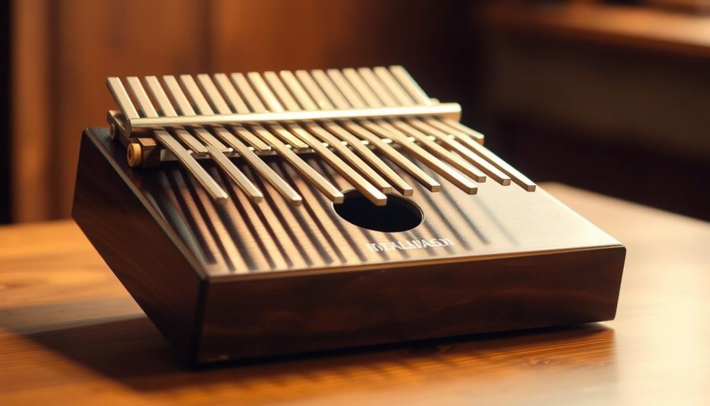 A kalimba, also known as a thumb piano, sits on a wooden surface, its distinctive tines glinting in the soft, warm lighting. The instrument is open, revealing its inner workings, the metal bars and resonating chamber, inviting the viewer to explore its intricate partition design. The background is slightly blurred, creating a focus on the kalimba itself, showcased in a serene, contemplative atmosphere. The image conveys a sense of craftsmanship and the joy of musical discovery, perfectly suited to illustrate the "Ressources pratiques" section of the article on playing the kalimba.