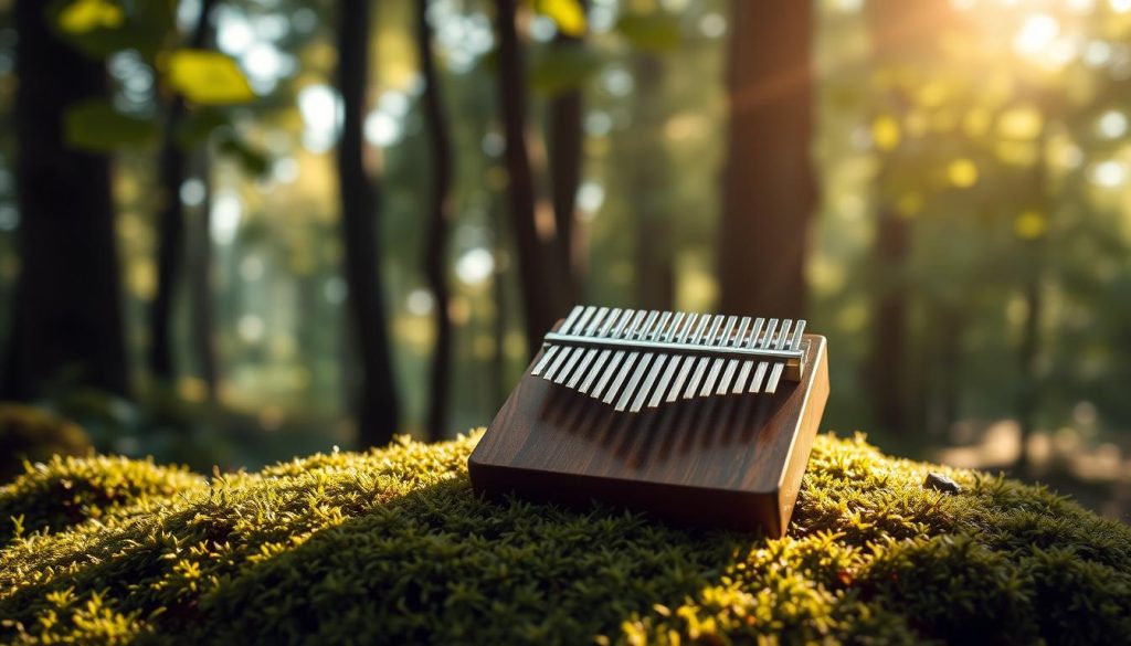 A serene and atmospheric scene of mélodies, featuring a kalimba delicately balanced on a bed of lush, verdant moss. Dappled sunlight filters through the canopy of a dense forest, casting a warm, golden glow over the peaceful setting. The kalimba's metallic tines glint softly, hinting at the melodic potential they hold. In the background, a blur of foliage and tree trunks creates a sense of depth and tranquility, inviting the viewer to lose themselves in the tranquil ambiance. The overall composition is carefully balanced, with a focus on the simplicity and beauty of the kalimba as the central subject, evoking a sense of contemplation and musical exploration.