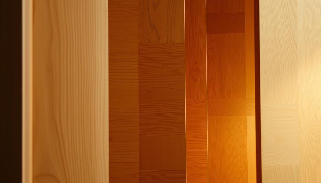 A tranquil scene of overlapping wooden partitions, each with its own unique grain and texture, creating a visually compelling and meditative composition. The partitions are illuminated by warm, diffused lighting, casting soft shadows and highlighting the intricate patterns and tones of the wood. The overall atmosphere is one of calm contemplation, inviting the viewer to appreciate the simple beauty and tactile qualities of the materials. The camera angle is slightly elevated, allowing the viewer to observe the interplay of the geometric forms and the play of light and shadow. The background is subtly blurred, keeping the focus on the captivating details of the partitions.