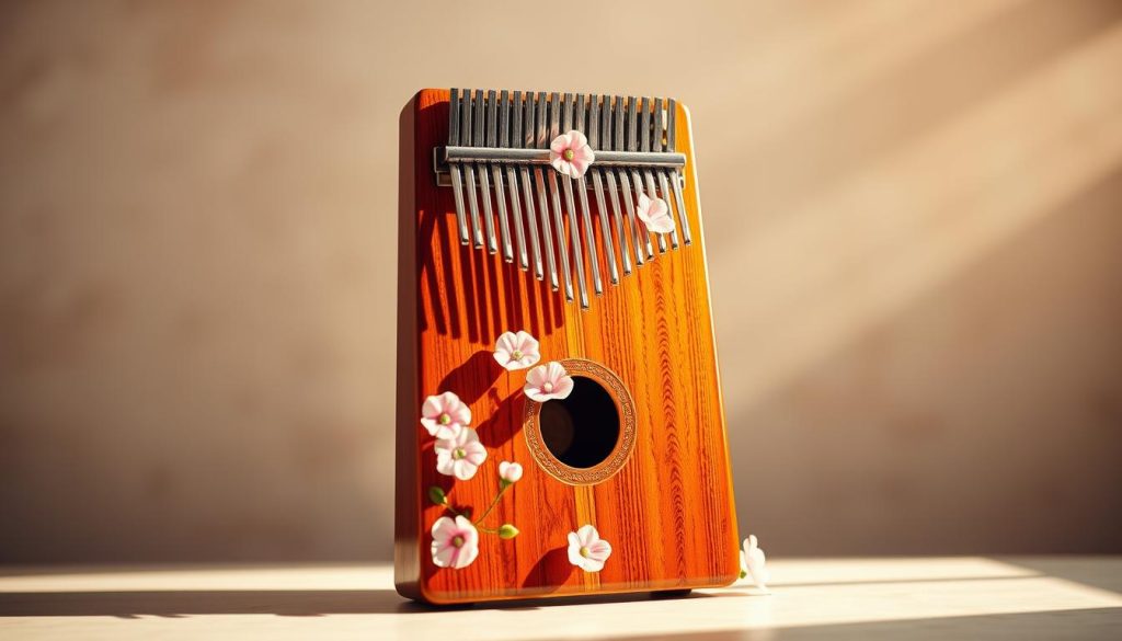 A vibrant 17-string kalimba stands majestically against a soft, blurred background. The kalimba's warm, wooden tones are accentuated by gentle lighting, casting gentle shadows that add depth and dimension. Delicate floral accents, in hues of pink and white, adorn the instrument, creating a celebratory, birthday-esque atmosphere. The entire scene is infused with a sense of joyful, whimsical wonder, inviting the viewer to experience the harmonious melody of this unique musical instrument.