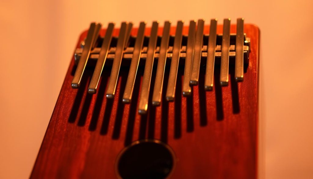 A vibrant, close-up view of a kalimba, a traditional African thumb piano, with its 17 metal tines glistening under warm, focused lighting. The instrument is positioned prominently in the foreground, inviting the viewer to study its intricate design and imagine the soothing, melodic tones it produces. The background is softly blurred, creating a sense of depth and drawing the eye to the kalimba's details. The lighting casts gentle shadows, adding depth and dimension to the scene. The overall mood is one of contemplation and curiosity, perfectly suited to illustrate a tutorial on how to play this enchanting instrument.