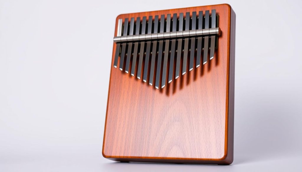 A well-lit, high-resolution image of a partitioned kalimba, its wooden body gleaming with a rich, warm hue. The instrument is displayed against a clean, neutral background, allowing the intricate partitions and individual tines to be the focal point. The tines are finely tuned and evenly spaced, creating a visually appealing and harmonious arrangement. The image captures the essence of the kalimba's design, showcasing its elegance and the craftsmanship that goes into its creation. The lighting is soft and diffused, highlighting the instrument's details and creating a sense of depth and dimensionality.