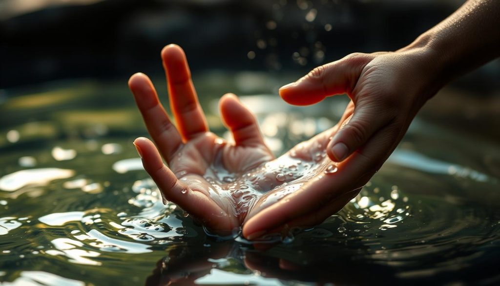 Hands drenched in glistening water, fingers intertwined as they playfully dance across the surface. Droplets cling to the skin, reflecting the soft, ambient lighting that bathes the scene. A sense of tranquility and tactile fascination pervades the image, inviting the viewer to feel the sensation of wet hands. The hands are positioned in the foreground, drawing the eye, while a blurred, out-of-focus background suggests a serene, contemplative environment. The overall mood is one of calming, sensorial immersion, evoking the meditative experience of playing the kalimba while surrounded by the soothing textures of water.