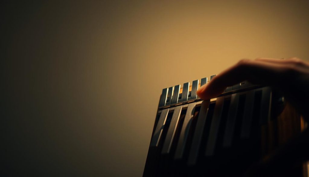 A close-up photograph of a hand tuning the metal tines of a wooden kalimba, or thumb piano, against a plain background. The kalimba is illuminated by soft, natural lighting from the side, casting subtle shadows and highlights that accentuate the intricate details of the instrument. The focus is sharply on the tuning process, with the fingers delicately adjusting the tines to produce a perfectly harmonized sound. The overall mood is one of quiet concentration and the thoughtful craftsmanship required to maintain this unique musical instrument.