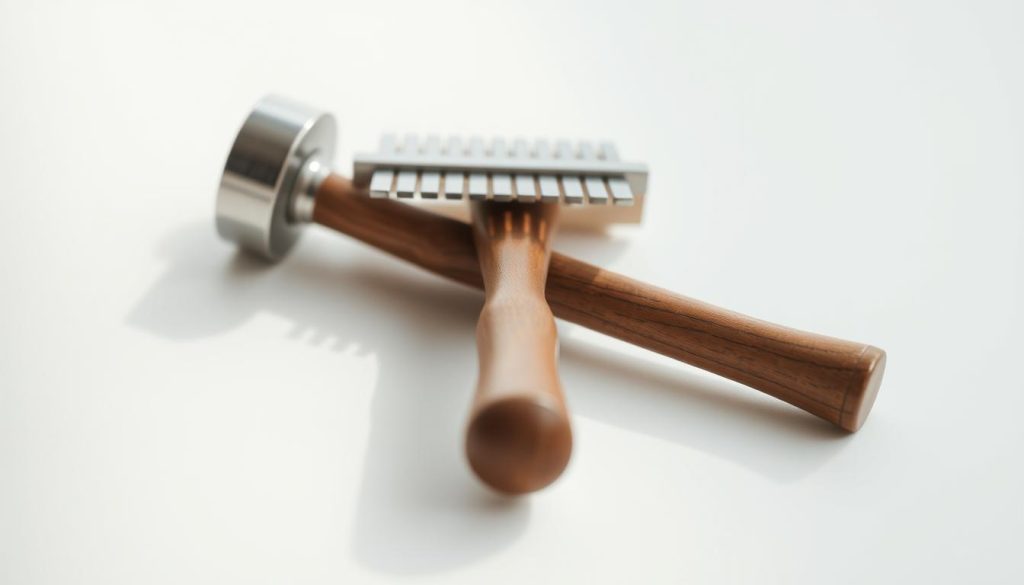 A close-up shot of a high-quality tuning hammer for kalimba, with a wooden handle and metal head. The tool is centered in the frame, with a clean, softly-lit background to emphasize its form and function. The lighting is natural and diffused, creating subtle shadows that accentuate the textures and contours of the instrument. The composition is balanced, drawing the viewer's attention to the essential details of the tuning hammer, its purpose, and how it might be used to maintain and tune a kalimba. The overall mood is one of precision, craftsmanship, and the care required to properly maintain a musical instrument.