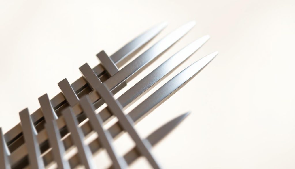 A close-up view of a set of steel blades or "lames acier" against a soft, blurred background. The blades are arranged in an artful, geometric pattern, their sharp edges catching the light and casting subtle shadows. The scene has a sense of order and precision, with a focus on the material qualities of the steel - its sleek, metallic sheen, and clean lines. The overall mood is one of thoughtful contemplation, hinting at the technical solutions required to properly tune a kalimba musical instrument. A close-up view of a set of steel blades or "lames acier" against a soft, blurred background. The blades are arranged in an artful, geometric pattern, their sharp edges catching the light and casting subtle shadows. The scene has a sense of order and precision, with a focus on the material qualities of the steel - its sleek, metallic sheen, and clean lines. The overall mood is one of thoughtful contemplation, hinting at the technical solutions required to properly tune a kalimba musical instrument.