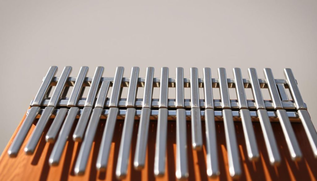 A close-up view of steel kalimba tines arranged against a plain backdrop, bathed in soft natural lighting. The tines should be rendered in striking detail, highlighting their metallic sheen and precise curvature. The camera angle should emphasize the length and frequency of the tines, clearly illustrating how they produce different musical notes. The overall atmosphere should convey a sense of simplicity and focus, allowing the viewer to appreciate the essential mechanical components of this musical instrument. A close-up view of steel kalimba tines arranged against a plain backdrop, bathed in soft natural lighting. The tines should be rendered in striking detail, highlighting their metallic sheen and precise curvature. The camera angle should emphasize the length and frequency of the tines, clearly illustrating how they produce different musical notes. The overall atmosphere should convey a sense of simplicity and focus, allowing the viewer to appreciate the essential mechanical components of this musical instrument.