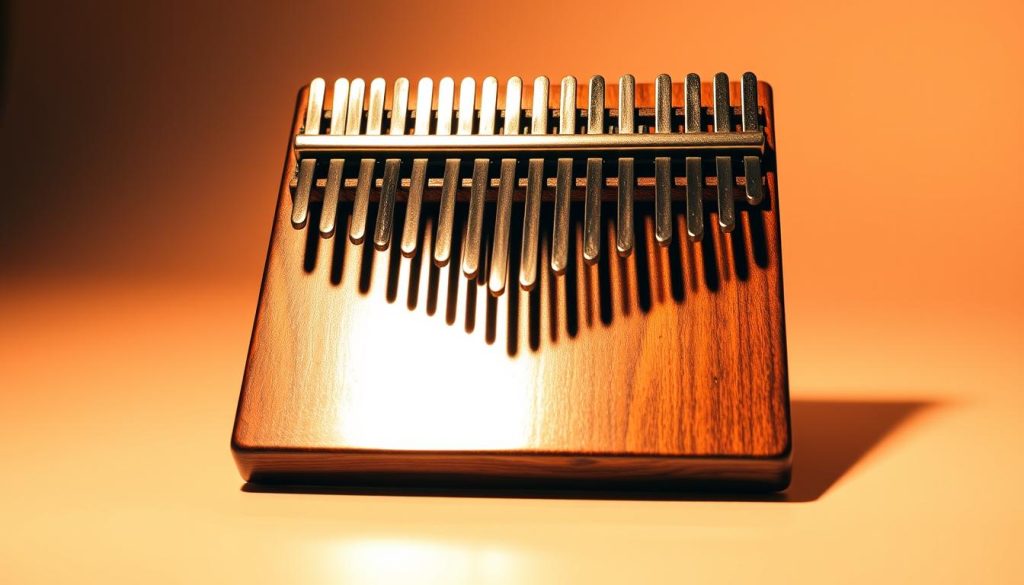 A dazzling kalimba, its 21 metal tines gleaming under warm studio lighting. The tines are arranged in a chromatic scale, spanning the full major gamut from low to high notes. The instrument is positioned against a minimalist background, allowing the focus to remain on the elegant simplicity of the kalimba's form and the precise layout of its melodic range. The overall composition conveys a sense of musical harmony and the boundless potential of this versatile instrument. A dazzling kalimba, its 21 metal tines gleaming under warm studio lighting. The tines are arranged in a chromatic scale, spanning the full major gamut from low to high notes. The instrument is positioned against a minimalist background, allowing the focus to remain on the elegant simplicity of the kalimba's form and the precise layout of its melodic range. The overall composition conveys a sense of musical harmony and the boundless potential of this versatile instrument.