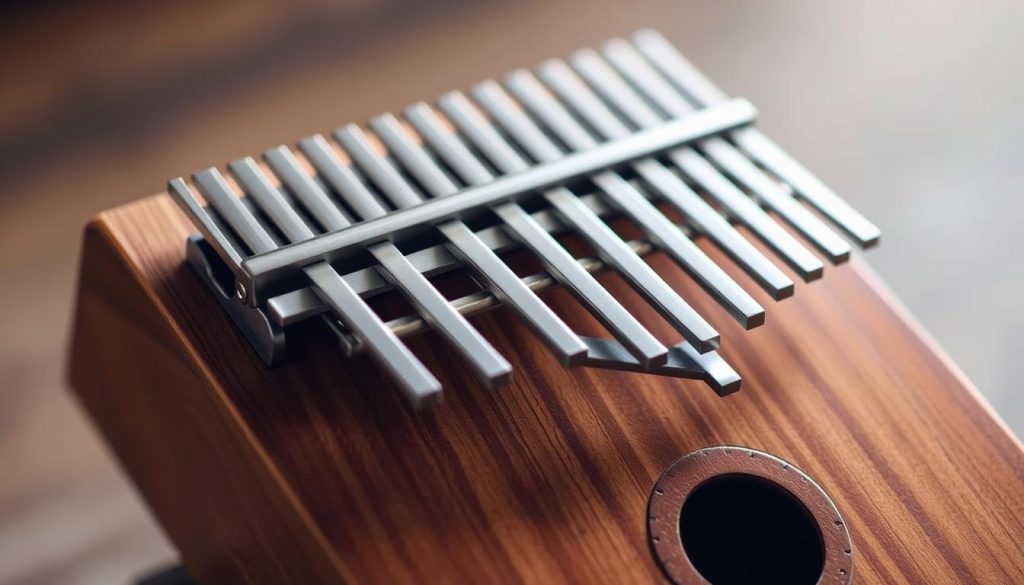 A detailed close-up shot of a 17-key kalimba, its wooden body and metal tines illuminated by soft, even lighting that emphasizes the instrument's intricate construction and visual texture. The kalimba is positioned centrally in the frame, filling a substantial portion of the composition. The background is blurred and muted, allowing the kalimba to be the sole focus. The image captures the kalimba's essential design elements, such as the curved body shape, the precisely aligned metal tines, and the natural wood grain, providing a comprehensive visual reference for the "Accordage pratique d'un kalimba 17 lames" section of the article. A detailed close-up shot of a 17-key kalimba, its wooden body and metal tines illuminated by soft, even lighting that emphasizes the instrument's intricate construction and visual texture. The kalimba is positioned centrally in the frame, filling a substantial portion of the composition. The background is blurred and muted, allowing the kalimba to be the sole focus. The image captures the kalimba's essential design elements, such as the curved body shape, the precisely aligned metal tines, and the natural wood grain, providing a comprehensive visual reference for the "Accordage pratique d'un kalimba 17 lames" section of the article.