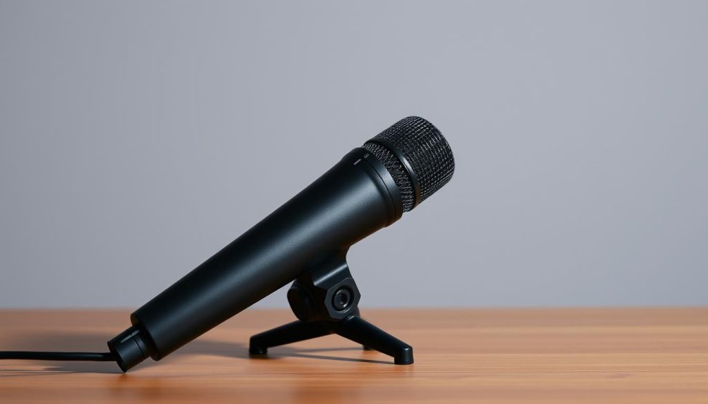 A high-quality professional microphone with an integrated interface, sitting on a clean, minimalist wooden table. The microphone has a sleek, contemporary design with a matte black finish. Soft, directional lighting illuminates the microphone from the left, creating subtle shadows and highlights that accentuate its form. The background is a simple, neutral gray, allowing the microphone to be the focal point. The overall mood is one of precision, clarity, and high-fidelity audio capture, suitable for the task of tuning a musical instrument.