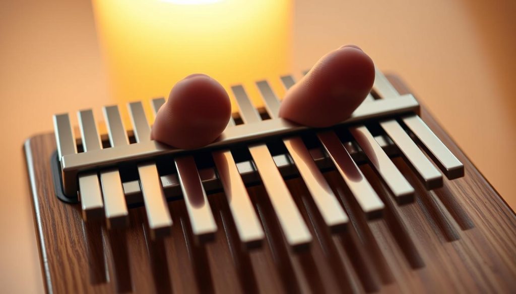 A pair of human thumbs, carefully protected by soft, ergonomic silicone covers, resting comfortably on the kalimba's metal tines. The thumbs are positioned with precision, ready to strike the instrument with gentle, rhythmic motions. Warm, diffused lighting illuminates the scene, creating a soothing, meditative atmosphere. The kalimba's body is subtly visible in the background, its polished wood grain and sleek design hinting at the instrument's high-quality craftsmanship. This image captures the essence of comfortable, pain-free kalimba playing, allowing the musician to focus on the music and find a deeper connection with their instrument.