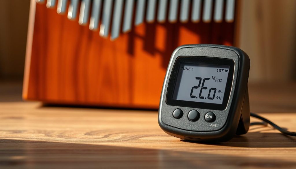A professional electronic tuner against a backdrop of a kalimba musical instrument. The tuner sits on a wooden surface, its digital display showing the frequency readout. Warm, soft lighting illuminates the scene, casting gentle shadows. The tuner's sleek, modern design contrasts with the organic, handcrafted feel of the kalimba. The composition emphasizes the interplay between the analog and digital, the traditional and the technological, creating a harmonious visual representation of the "Alternatives à l'application : accordeur électronique et diapason" section.
