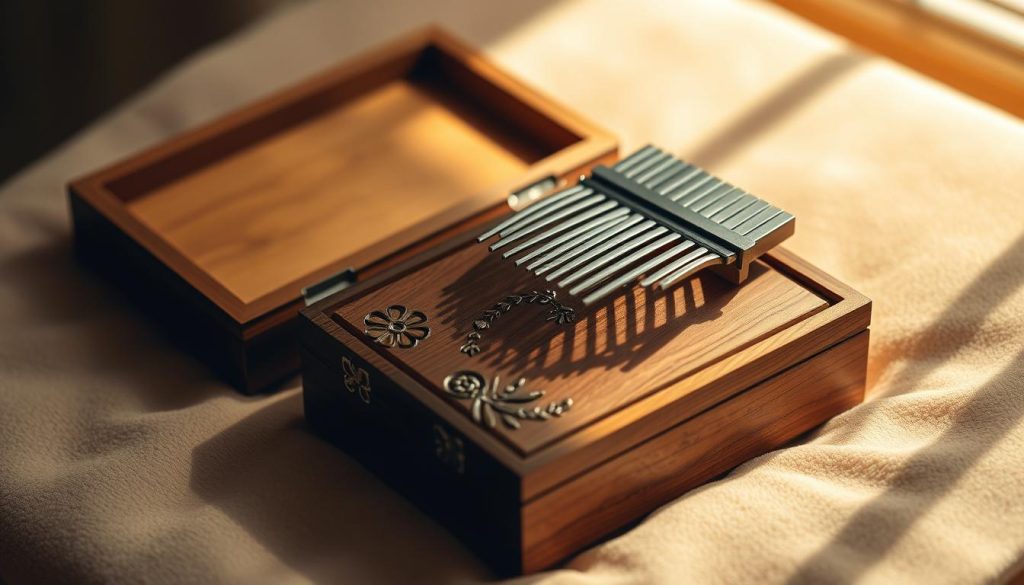 A resonance instrument étui, meticulously crafted with attention to detail. The elegant wooden casing, polished to a sheen, serves as a protective shell for the delicate kalimba within. Intricate floral carvings adorn the surface, hinting at the musical potential concealed inside. The étui rests on a soft, plush velvet surface, bathed in warm, natural lighting that accentuates the natural grain of the wood. The overall composition evokes a sense of reverence for the treasured instrument, inviting the viewer to imagine the soothing melodies that will emanate from this carefully preserved accessory.