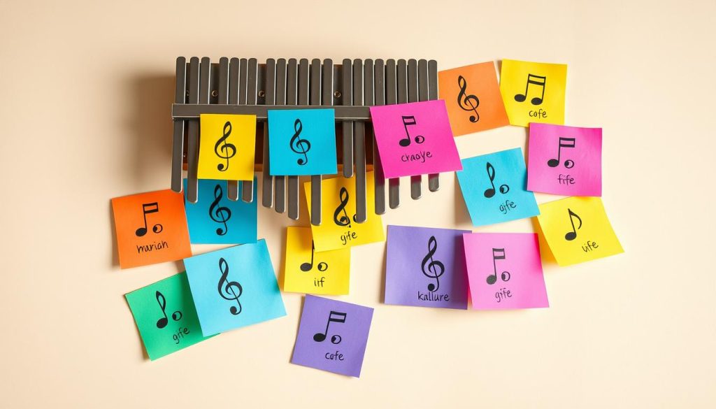 A set of colorful, vibrant sticky notes arranged in a visually appealing composition. The notes are adorned with musical symbols, treble clefs, and note names, creating a whimsical and educational display. The notes are positioned against a soft, muted background, allowing the colors and details to stand out. The lighting is soft and diffused, creating a warm, inviting atmosphere. The camera is positioned at a slight angle, capturing the notes in a natural, organic layout that draws the viewer's eye across the frame. The overall aesthetic is playful, informative, and designed to appeal to both beginner and experienced kalimba players.