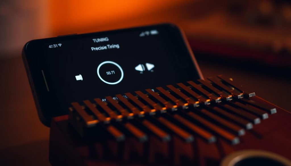 A smartphone screen displaying a tuning interface, with a kalimba instrument positioned in the foreground. The screen shows precise tuning metrics, visualizing the perfect pitch alignment. Warm, soft lighting illuminates the scene, creating a sense of focus and attention to detail. The kalimba's tines are in sharp focus, emphasizing the intricate craftsmanship and the importance of precision in musical performance. The background is slightly blurred, drawing the viewer's eye to the central elements of the image.