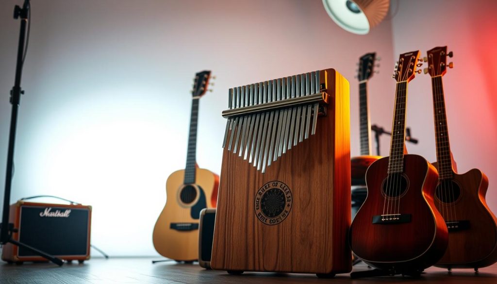 A well-lit studio setting showcasing a selection of musical instruments, with a central focus on a high-quality kalimba instrument. The kalimba is positioned prominently, surrounded by other complementary instruments such as a guitar, a ukulele, and a small amplifier, all arranged in a visually appealing and harmonious composition. The lighting is soft and diffused, creating a warm, inviting atmosphere that highlights the natural textures and materials of the instruments. The overall scene conveys a sense of quality, value, and the ideal balance between cost and performance for the discerning musician. A well-lit studio setting showcasing a selection of musical instruments, with a central focus on a high-quality kalimba instrument. The kalimba is positioned prominently, surrounded by other complementary instruments such as a guitar, a ukulele, and a small amplifier, all arranged in a visually appealing and harmonious composition. The lighting is soft and diffused, creating a warm, inviting atmosphere that highlights the natural textures and materials of the instruments. The overall scene conveys a sense of quality, value, and the ideal balance between cost and performance for the discerning musician.
