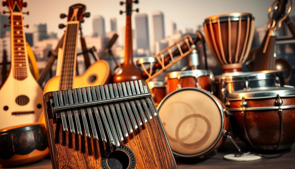 An assortment of world-renowned musical instruments arranged in a visually captivating display. In the foreground, a kalimba, a traditional African thumb piano, takes center stage, its intricate metallic keys gleaming under warm studio lighting. In the middle ground, a diverse collection of instruments from various cultures and regions surrounds the kalimba, including a sitar, a djembe drum, and a set of steel drums. The background features a softly blurred, yet evocative cityscape, hinting at the global reach and cultural significance of these instruments. The overall composition exudes a sense of harmony, diversity, and the enduring appeal of traditional world music. An assortment of world-renowned musical instruments arranged in a visually captivating display. In the foreground, a kalimba, a traditional African thumb piano, takes center stage, its intricate metallic keys gleaming under warm studio lighting. In the middle ground, a diverse collection of instruments from various cultures and regions surrounds the kalimba, including a sitar, a djembe drum, and a set of steel drums. The background features a softly blurred, yet evocative cityscape, hinting at the global reach and cultural significance of these instruments. The overall composition exudes a sense of harmony, diversity, and the enduring appeal of traditional world music.