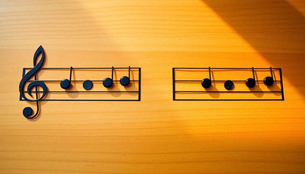 An intricate set of musical notes, their target positions clearly marked on a wooden surface. The notes, arranged in two distinct patterns, are highlighted with a warm, natural lighting, casting subtle shadows that add depth and dimensionality to the scene. The wood grain provides a tactile, organic backdrop, while the precise placement of the notes suggests a methodical, deliberate approach to tuning the instrument. The overall composition conveys a sense of focus and attention to detail, inviting the viewer to imagine the harmonious sound that will emerge from this carefully calibrated arrangement.