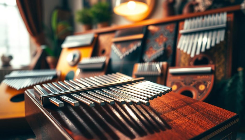A beautifully arranged kalimba, crafted from rich wood with a polished finish, sits prominently in the foreground, showcasing its glossy keys glimmering under warm, soft lighting. In the middle ground, a variety of kalimbas from different cultural origins are artistically displayed, highlighting their unique designs and colors, with intricate carvings and vibrant paints that reflect their heritage. The background features a softly blurred setting resembling a cozy music studio, filled with gentle, ambient light filtering through a window. This scene evokes a warm and inviting atmosphere, celebrating the world of kalimba instruments. The composition is shot with a slight angle to emphasize the details and craftsmanship, inviting viewers into the rich musical tradition embodied by these instruments.