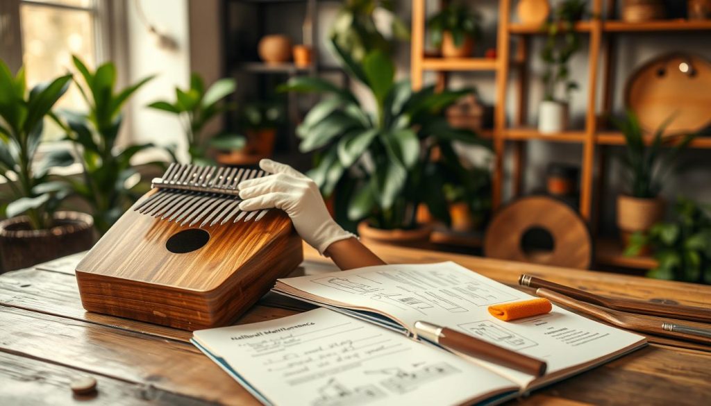 A beautifully arranged kalimba set on a rustic wooden table, with a soft light illuminating its intricate design. In the foreground, the kalimba is slightly angled towards the viewer, showcasing its smooth surface and vibrant tines. A pair of hands, wearing light cotton gloves, gently position themselves over the instrument, demonstrating a technique for playing. In the middle ground, an open notebook with notes and diagrams about kalimba maintenance rests beside the kalimba, along with a polishing cloth and some natural wood finishes. In the background, softly blurred shelves filled with various musical instruments and lush indoor plants create a warm, inviting atmosphere. The lighting is warm and soft, creating a peaceful, serene mood that encourages learning and creativity in music.